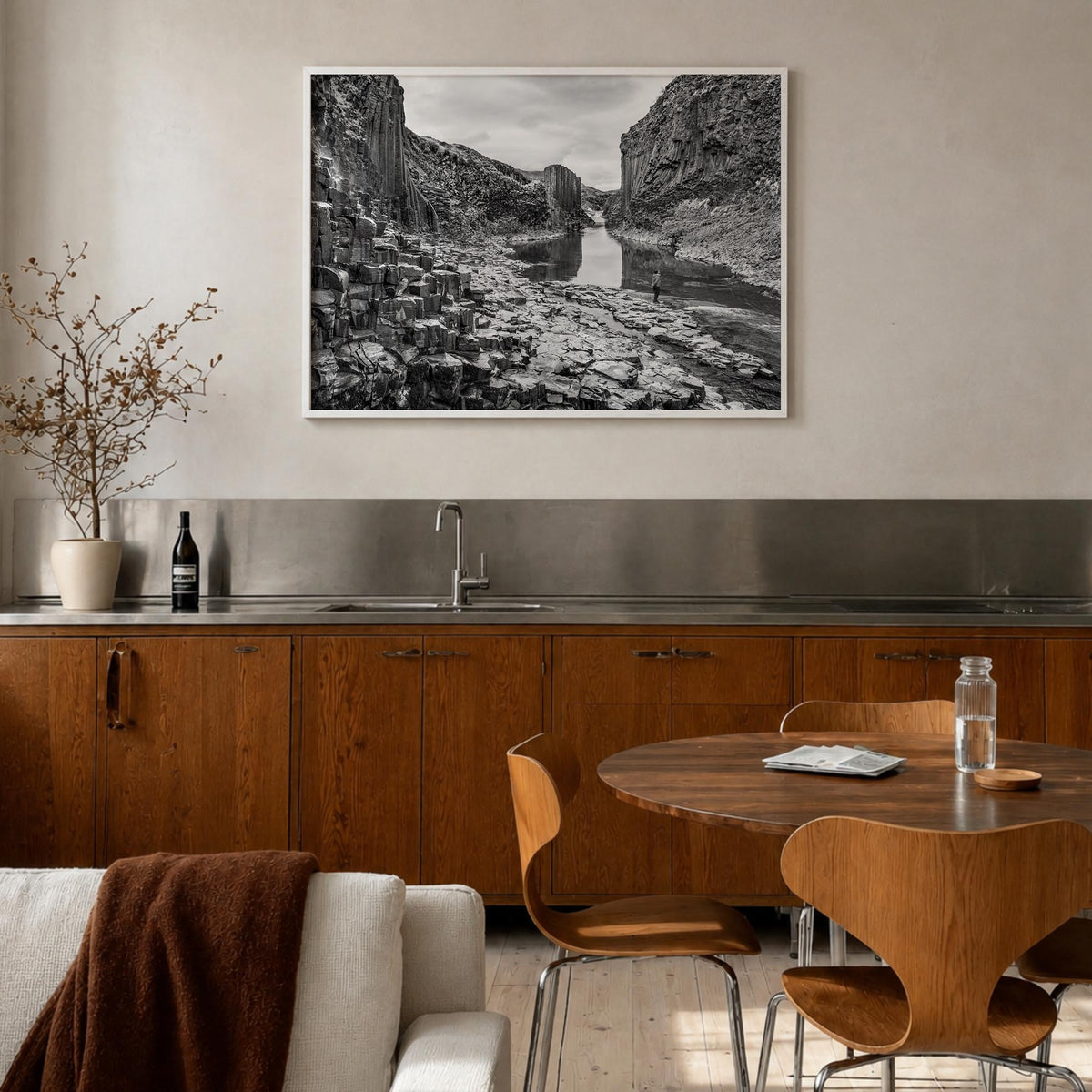 Iceland black & white photo poster of Europe – horizontal wall art in white wood frame, hanging on wall