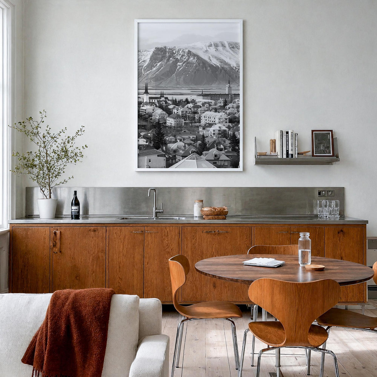 Iceland black & white photo poster of Europe – vertical wall art in white wood frame, hanging on wall