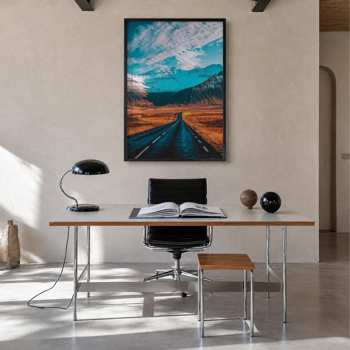 Iceland colorful photo poster of Europe – vertical wall art in black wood frame, hanging on wall