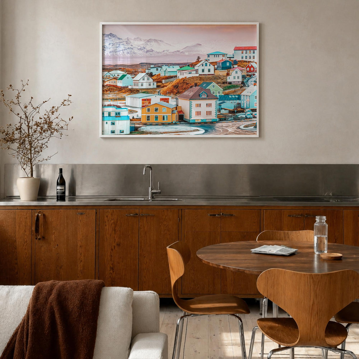 Iceland colorful photo poster of Europe – horizontal wall art in white wood frame, hanging on wall