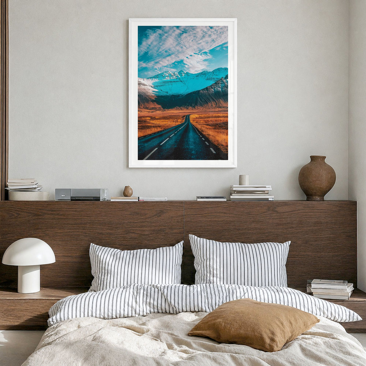 Iceland Photo Poster in a white wood frame, hanging in a bedroom, white border