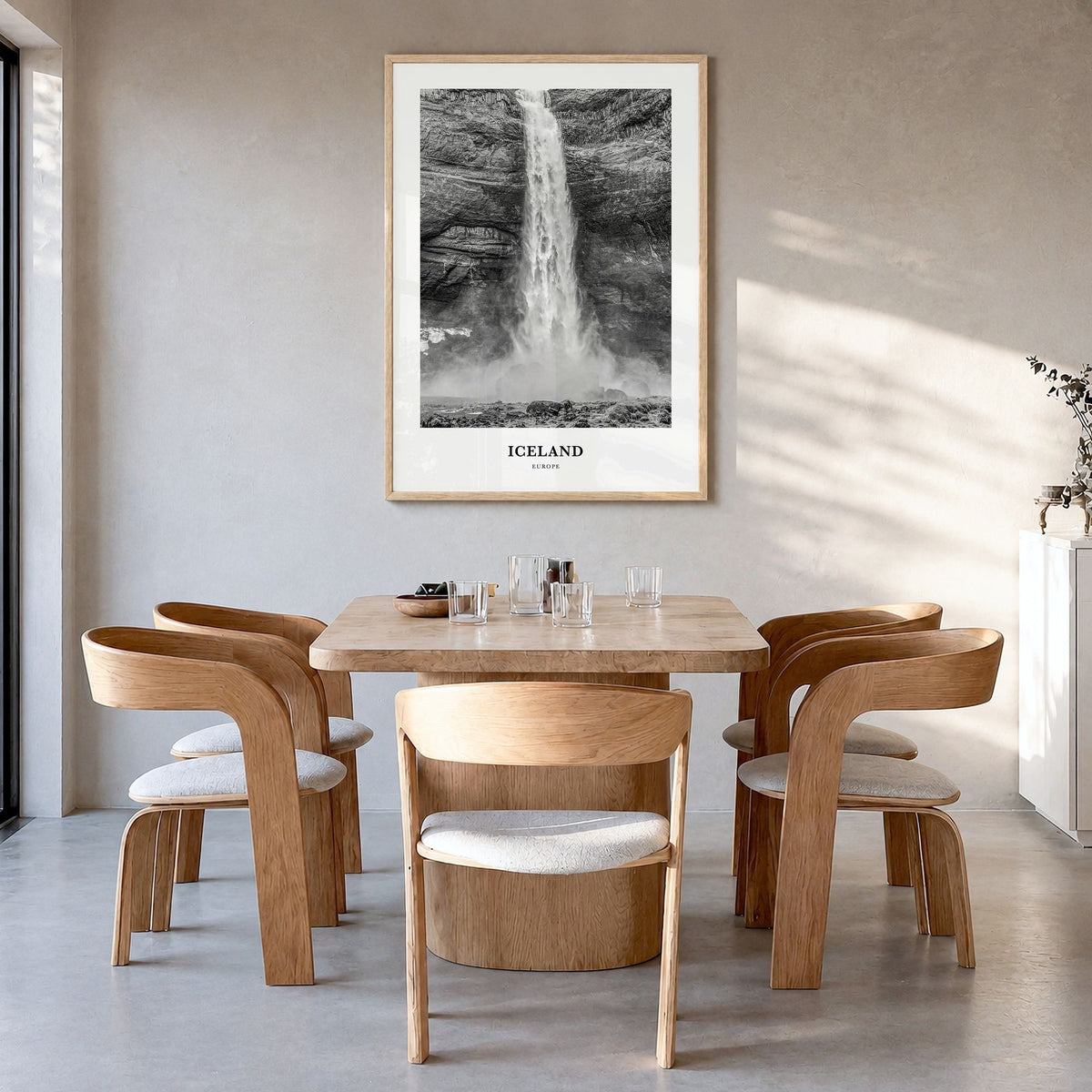 Iceland Classic No 2 Poster in a natural wood frame, hanging in a dining room
