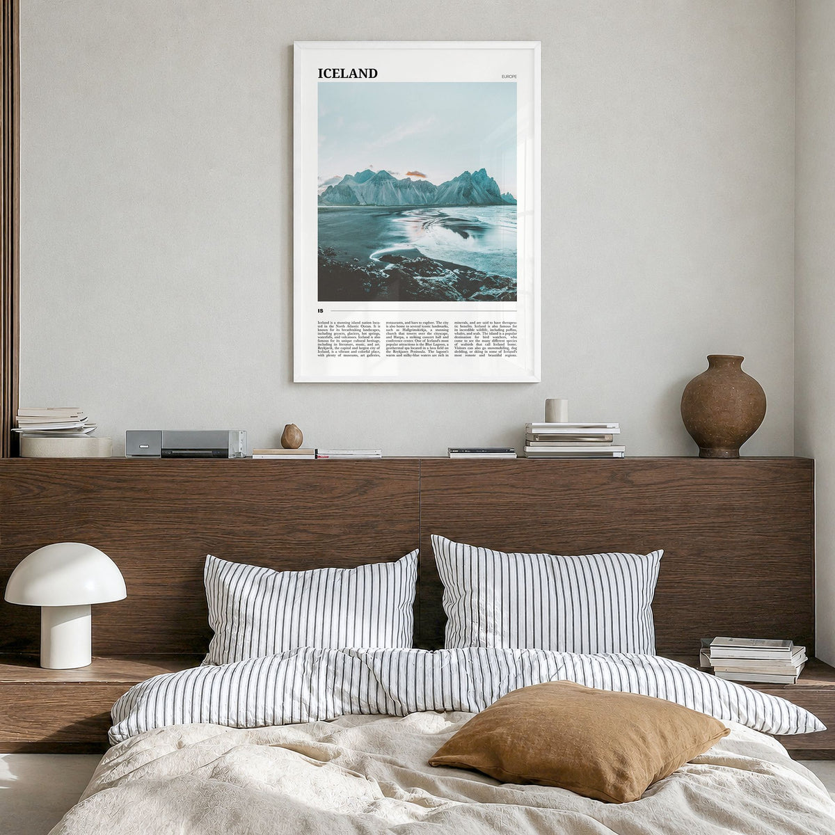 Iceland Travel Poster in a white wood frame, hanging in a bedroom