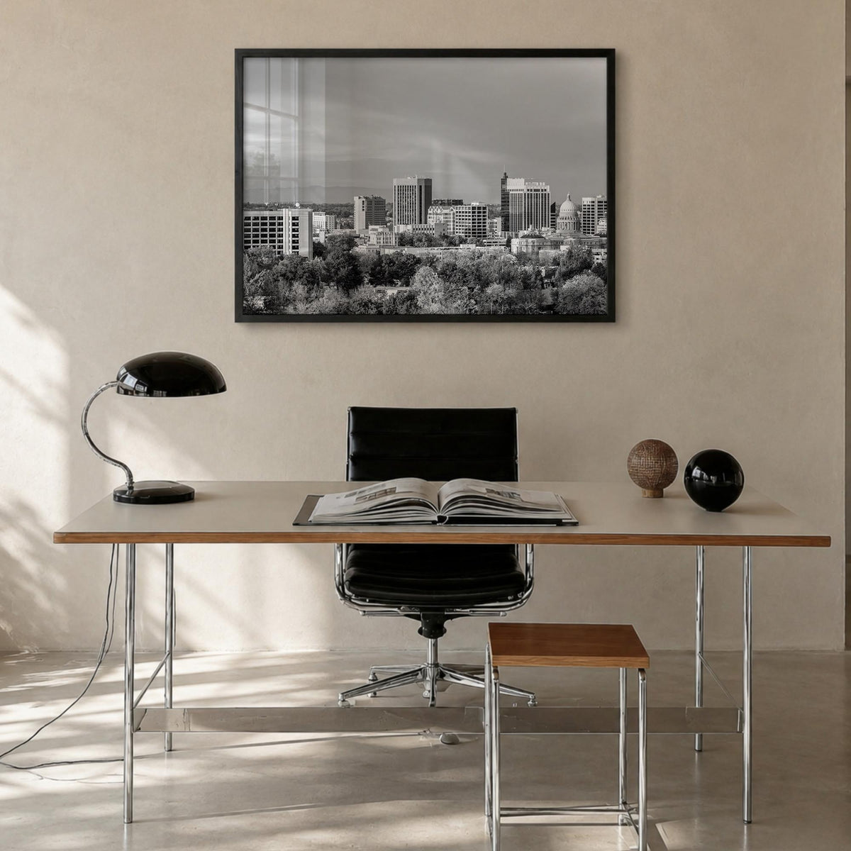 Idaho black & white photo poster of United States – horizontal wall art in black wood frame, hanging on wall