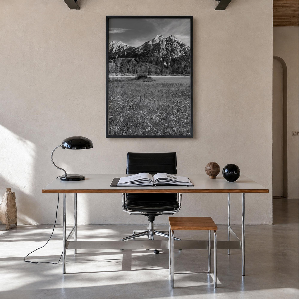Idaho black & white photo poster of United States – vertical wall art in black wood frame, hanging on wall