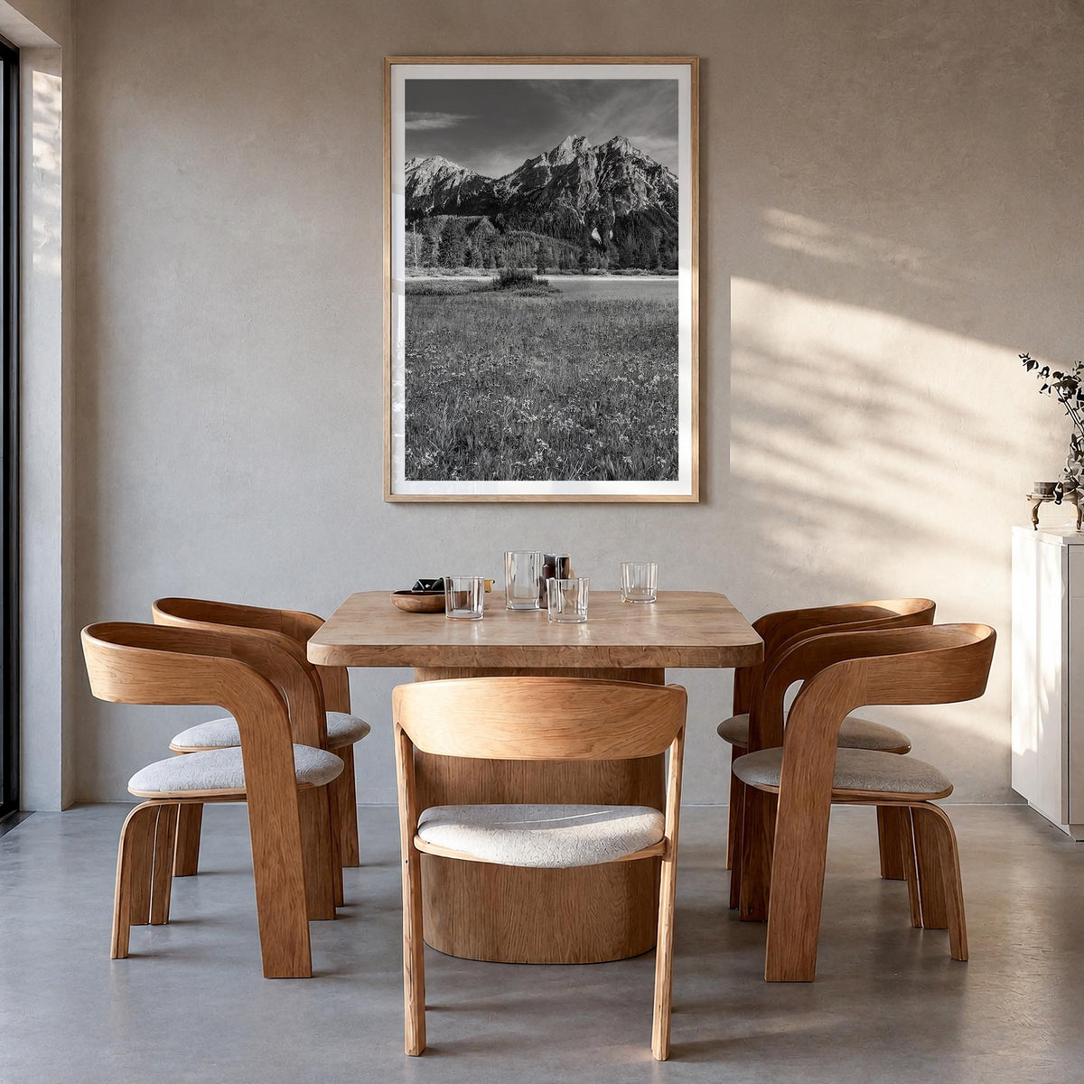Idaho black & white photo poster of United States – vertical wall art in natural wood frame with white border, hanging on wal