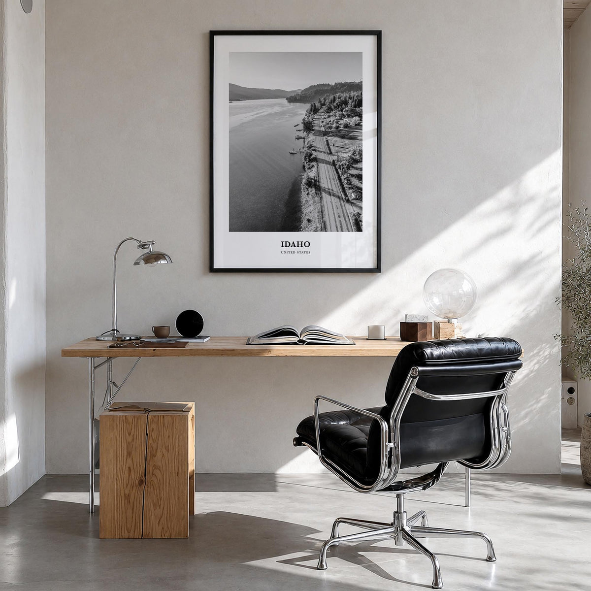 Idaho no. 2 black & white classic poster of United States – vertical wall art in black wood frame, hanging on wall