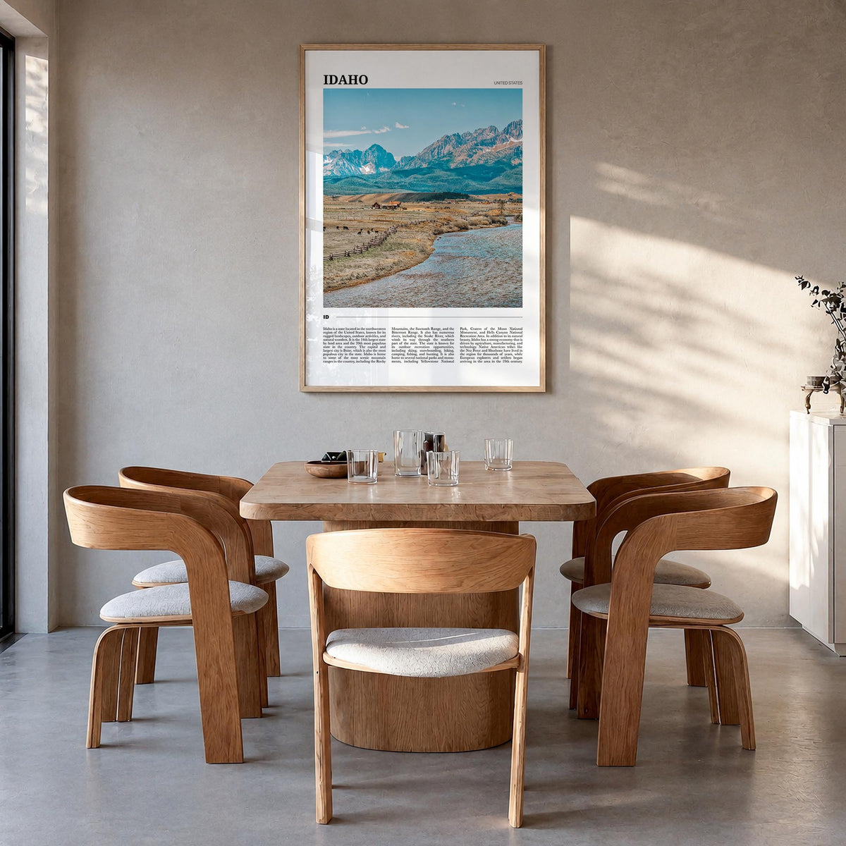 Idaho no. 2 colorful travel poster of United States – vertical wall art in natural wood frame, hanging on wall