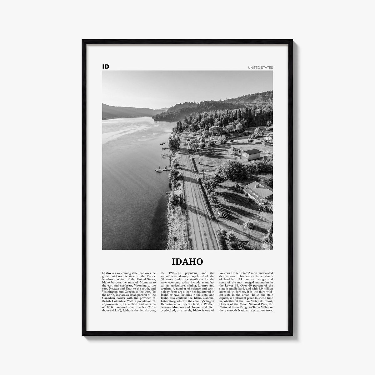 Idaho no. 3 black & white newspaper poster of United States – vertical wall art, unframed print shown in interior mockup
