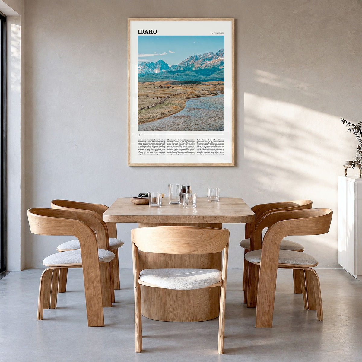 Idaho Travel No 2 Poster in a natural wood frame, hanging in a dining room