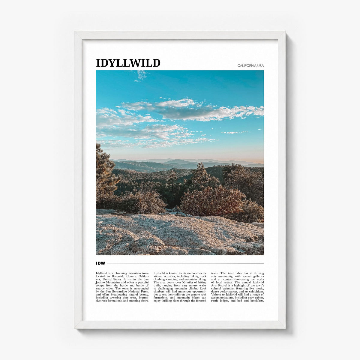 Idyllwild Travel Poster in a white wood frame