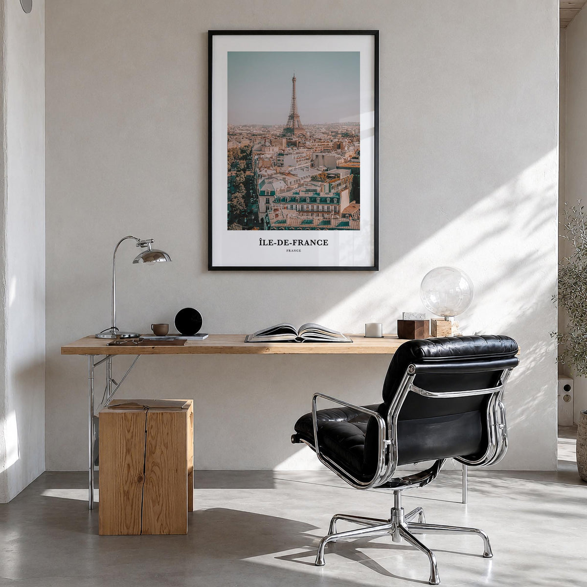 Île-de-France colorful classic poster of France – vertical wall art in black wood frame, hanging on wall