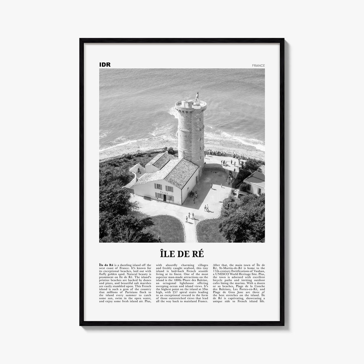 Île de Ré black & white newspaper poster of France – vertical wall art, unframed print shown in interior mockup