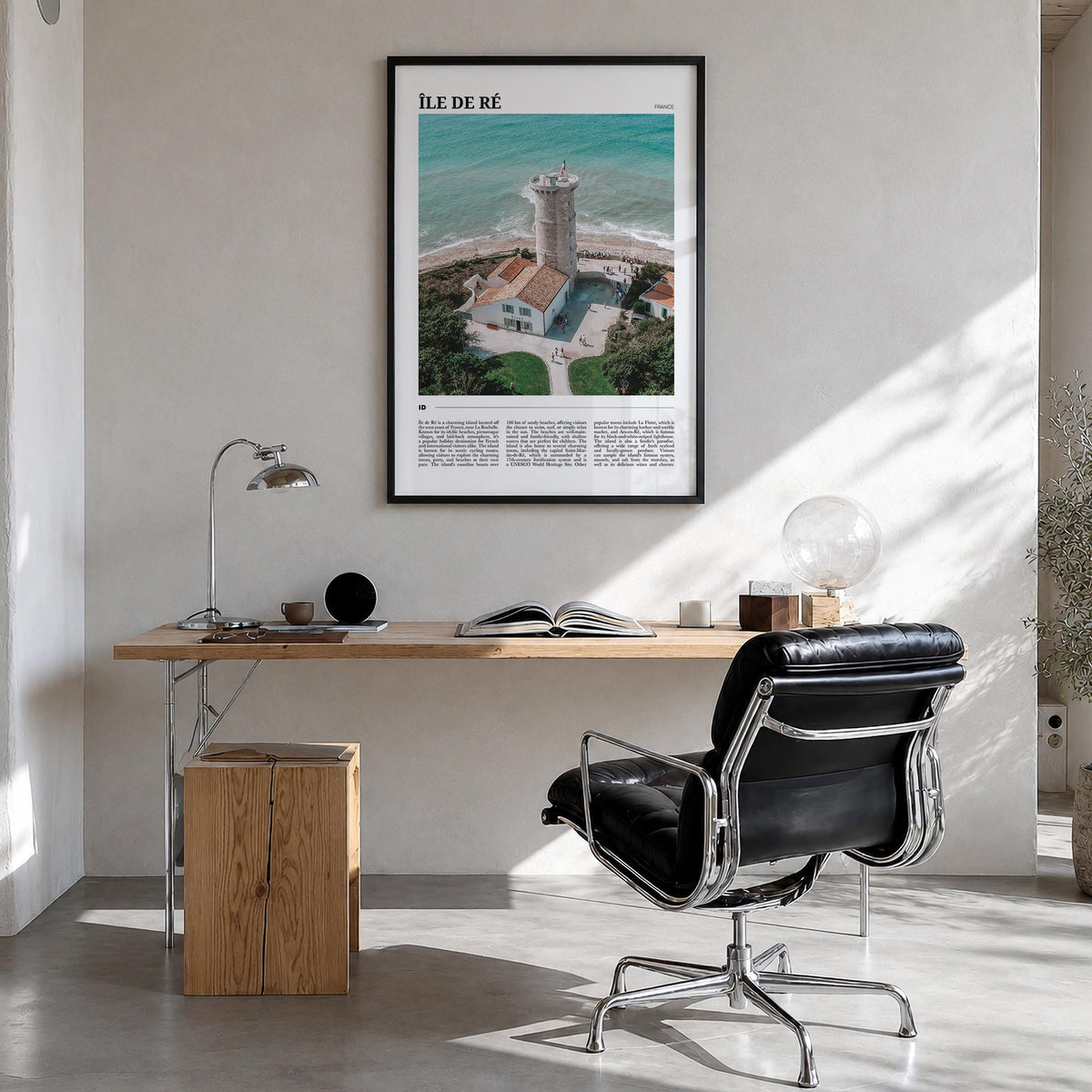 Île de Ré colorful travel poster of France – vertical wall art in black wood frame, hanging on wall