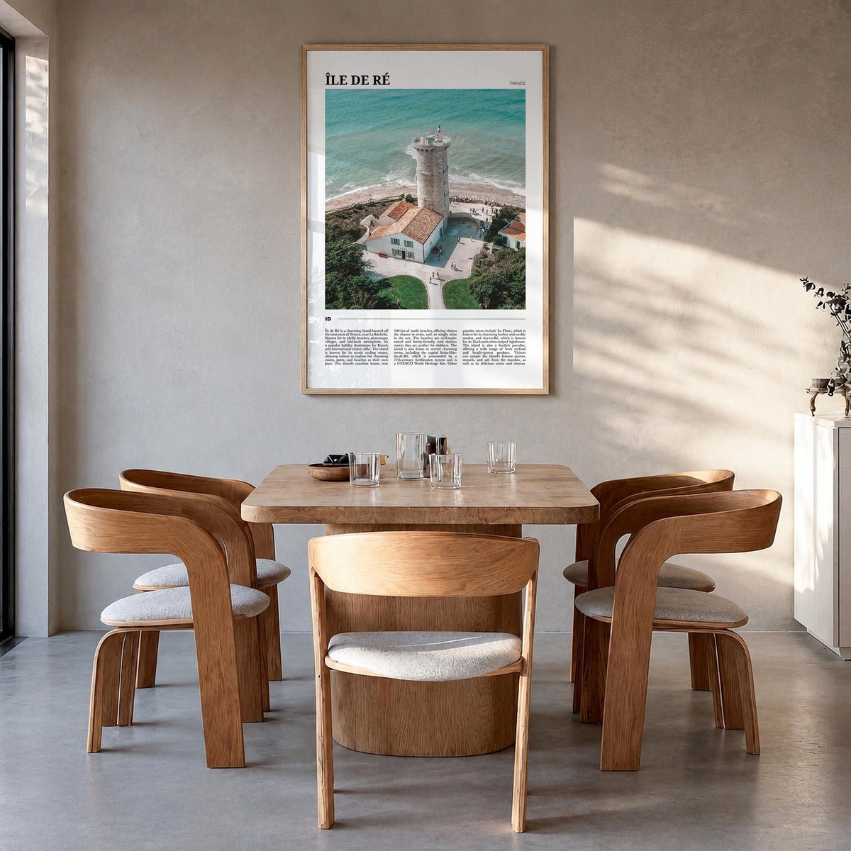 Île de Ré colorful travel poster of France – vertical wall art in natural wood frame, hanging on wall