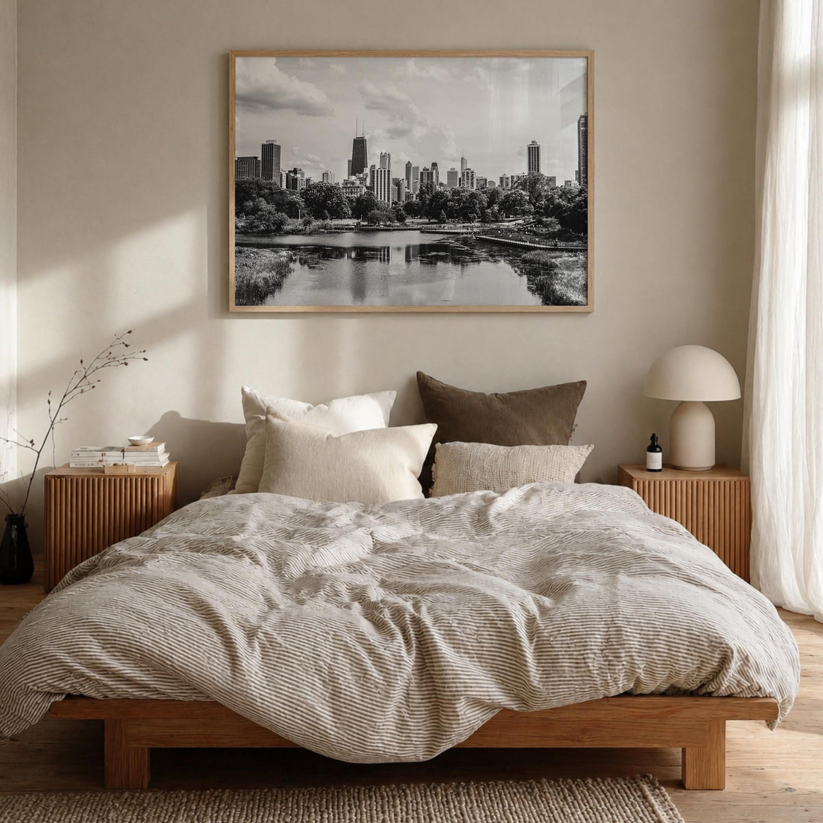 Illinois black & white photo poster of United States – horizontal wall art in natural wood frame, hanging on wall