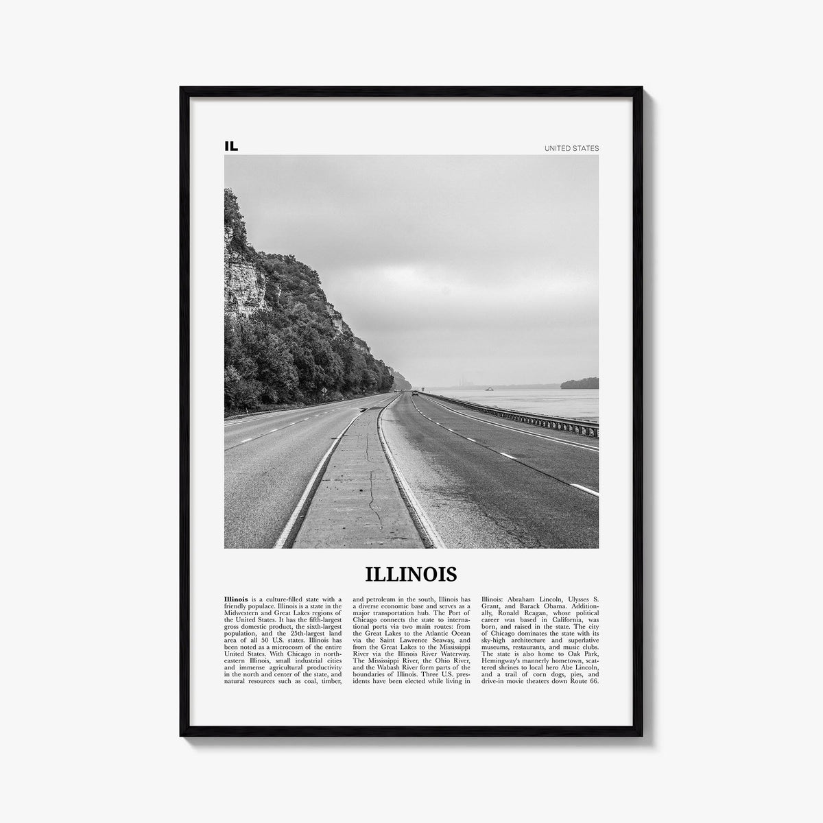 Illinois no. 1 black & white newspaper poster of United States – vertical wall art, unframed print shown in interior mockup