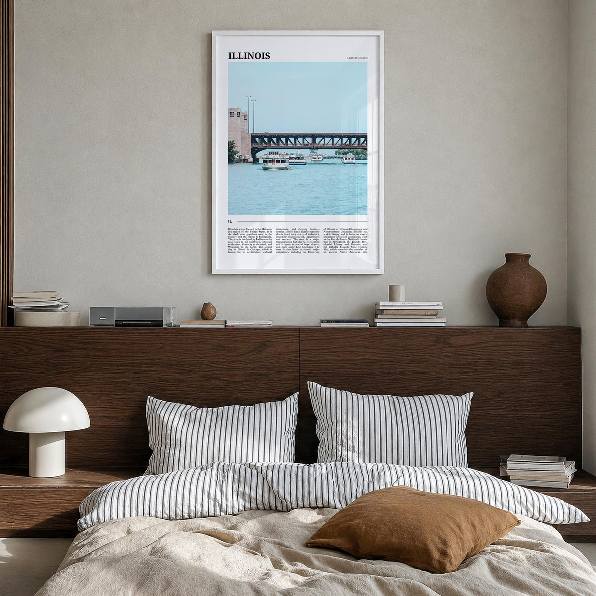 Illinois no. 2 colorful travel poster of United States – vertical wall art in white wood frame, hanging on wall