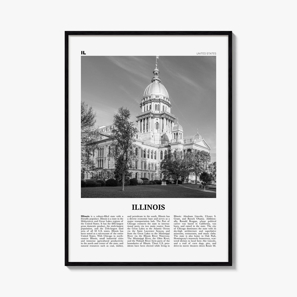 Illinois no. 3 black & white newspaper poster of United States – vertical wall art, unframed print shown in interior mockup