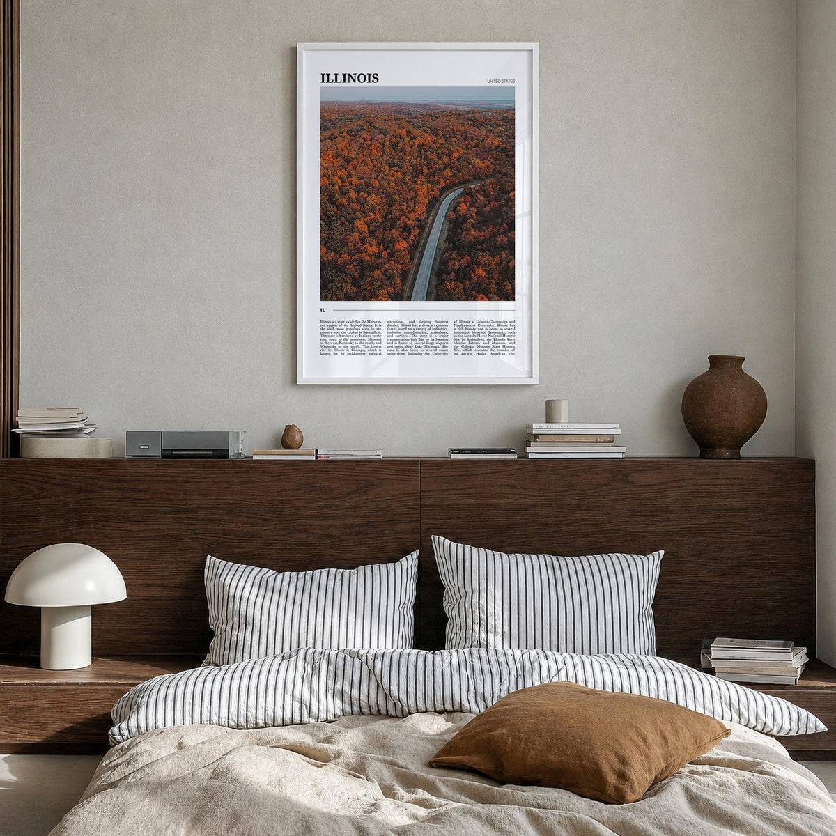 Illinois no. 3 colorful travel poster of United States – vertical wall art in white wood frame, hanging on wall
