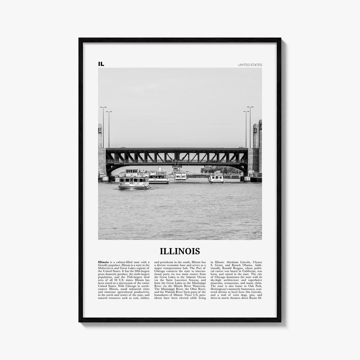 Illinois no. 4 black & white newspaper poster of United States – vertical wall art, unframed print shown in interior mockup