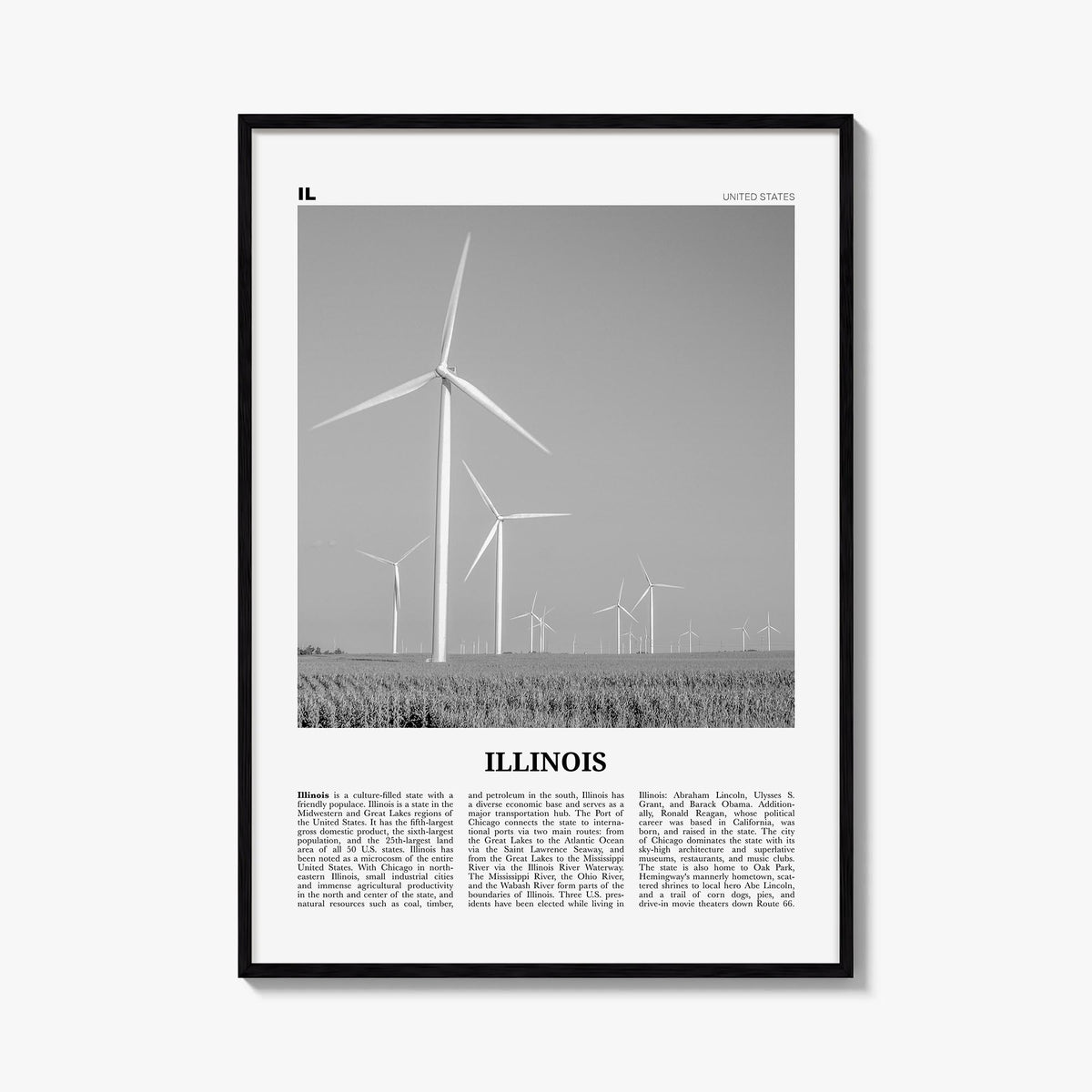 Illinois no. 5 black & white newspaper poster of United States – vertical wall art, unframed print shown in interior mockup