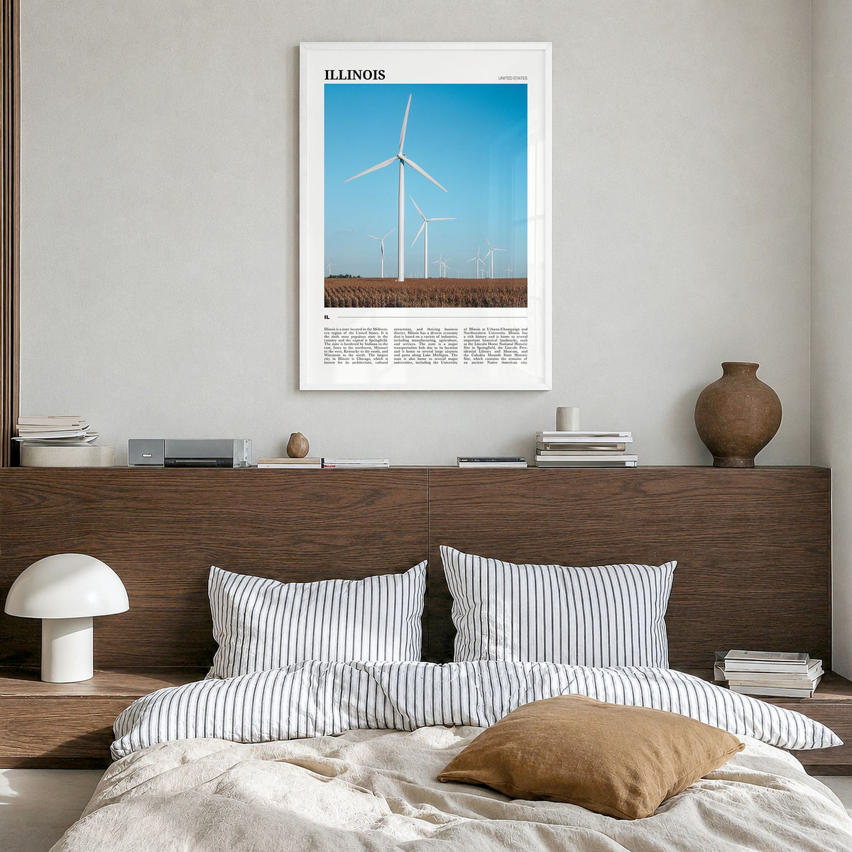 Illinois Travel No 1 Poster in a white wood frame, hanging in a bedroom