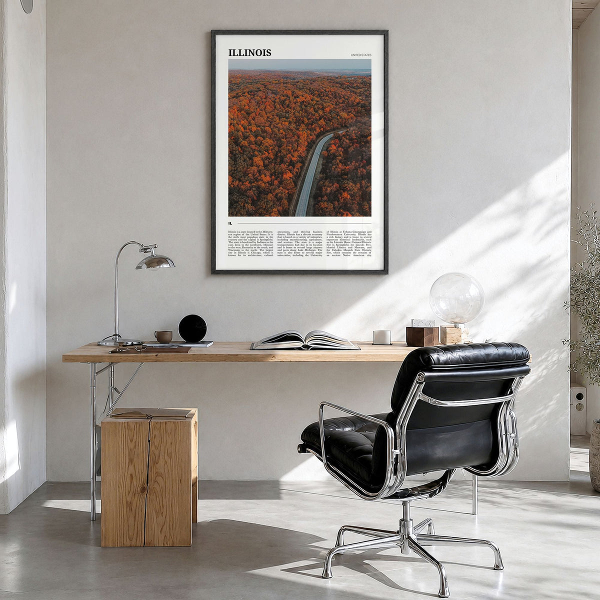 Illinois Travel No 3 Poster in a black wood frame, hanging in a bright home office