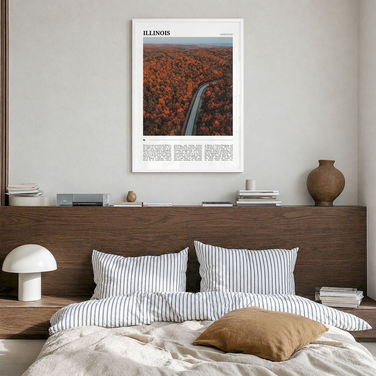 Illinois Travel No 3 Poster in a white wood frame, hanging in a bedroom
