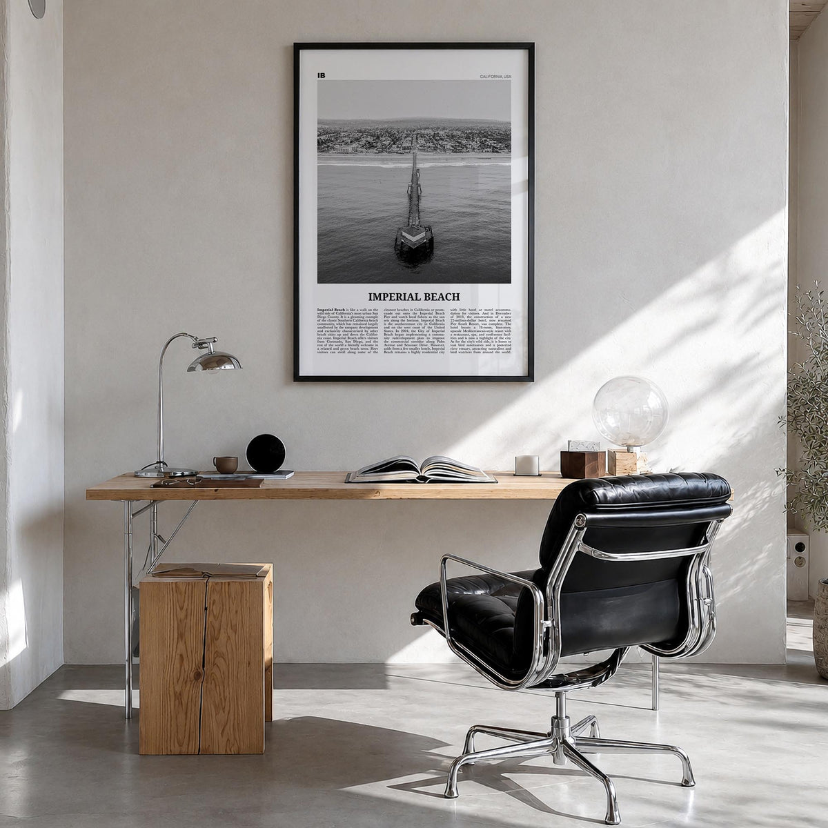 Imperial Beach black & white newspaper poster of California, USA – vertical wall art in black wood frame, hanging on wall