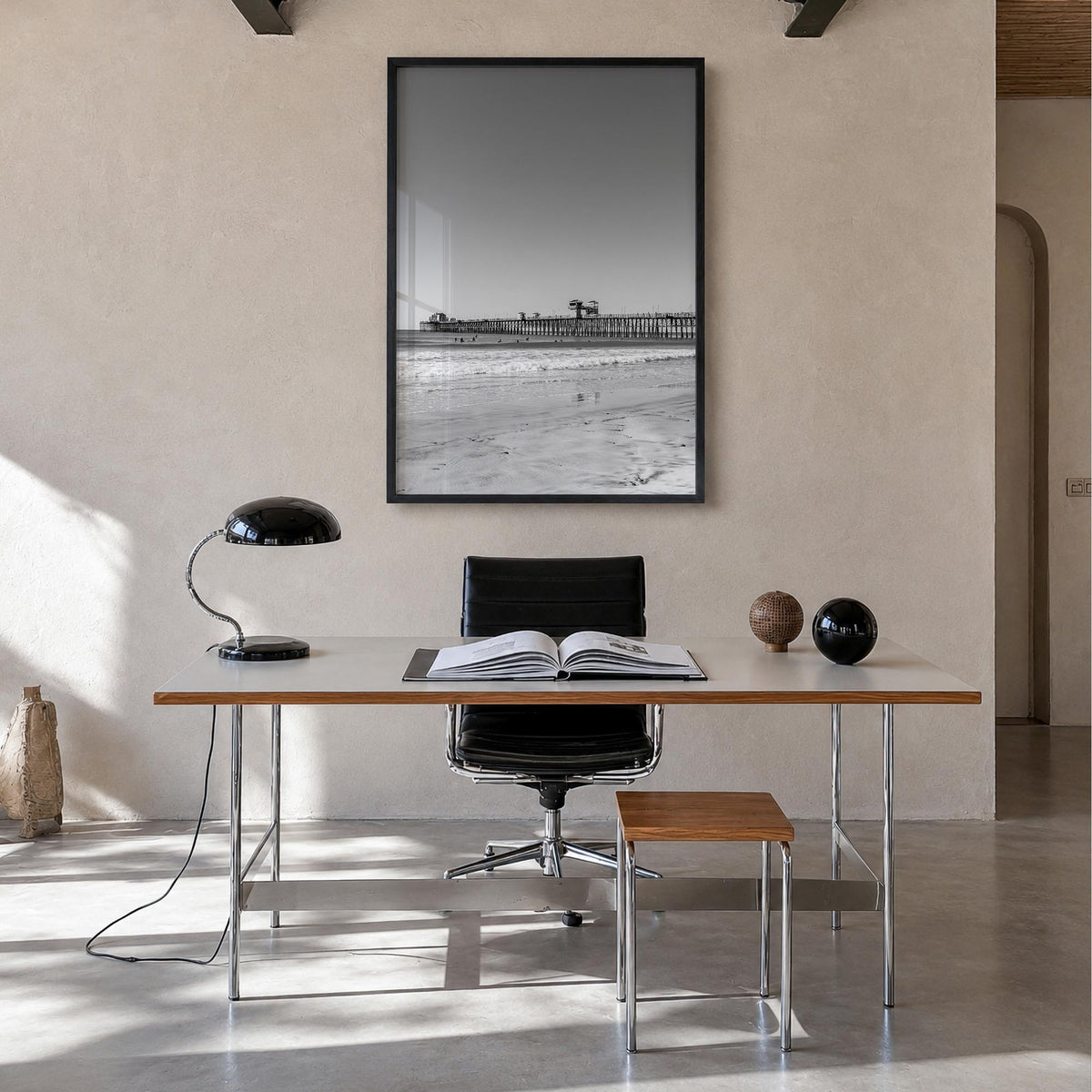 Imperial Beach black & white photo poster of California, USA – vertical wall art in black wood frame, hanging on wall