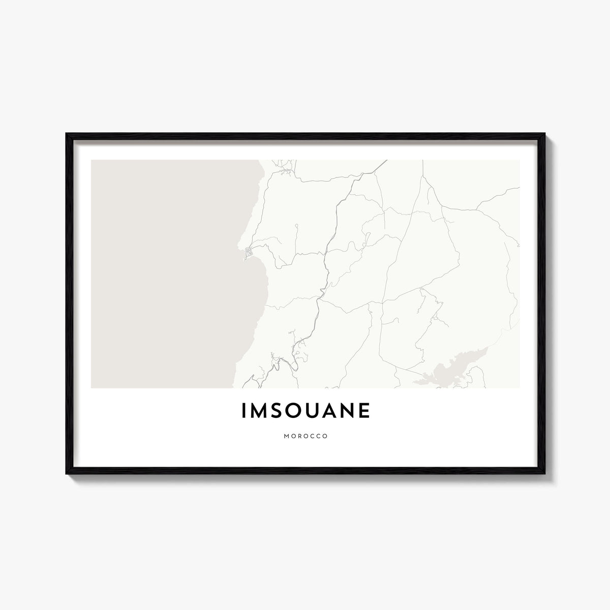 Imsouane black & white map poster of Morocco – horizontal wall art, unframed print shown in interior mockup