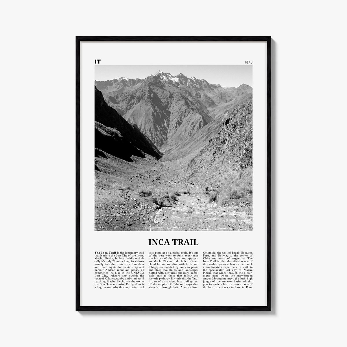 Inca Trail black & white newspaper poster of Peru – vertical wall art, unframed print shown in interior mockup