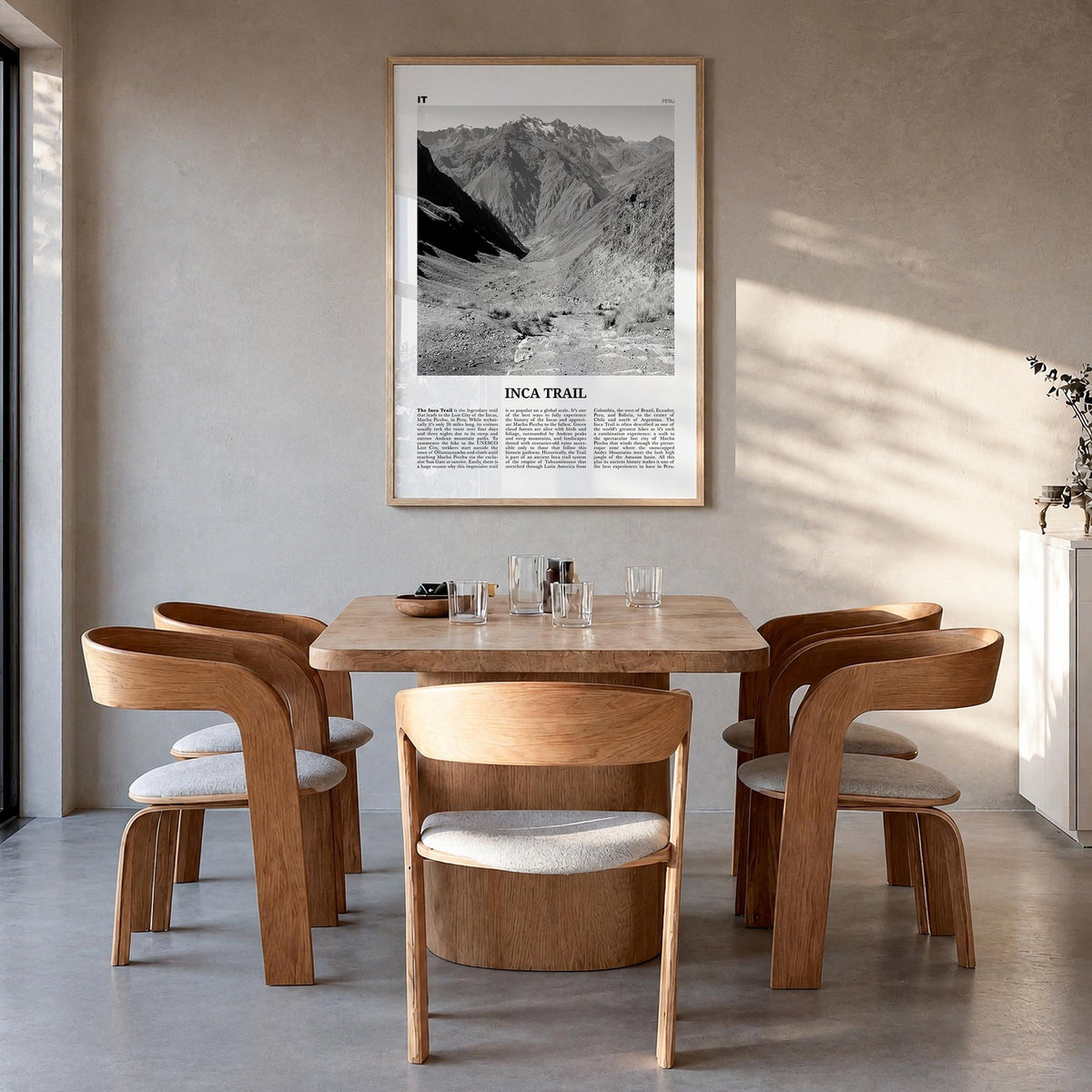Inca Trail black & white newspaper poster of Peru – vertical wall art in natural wood frame, hanging on wall