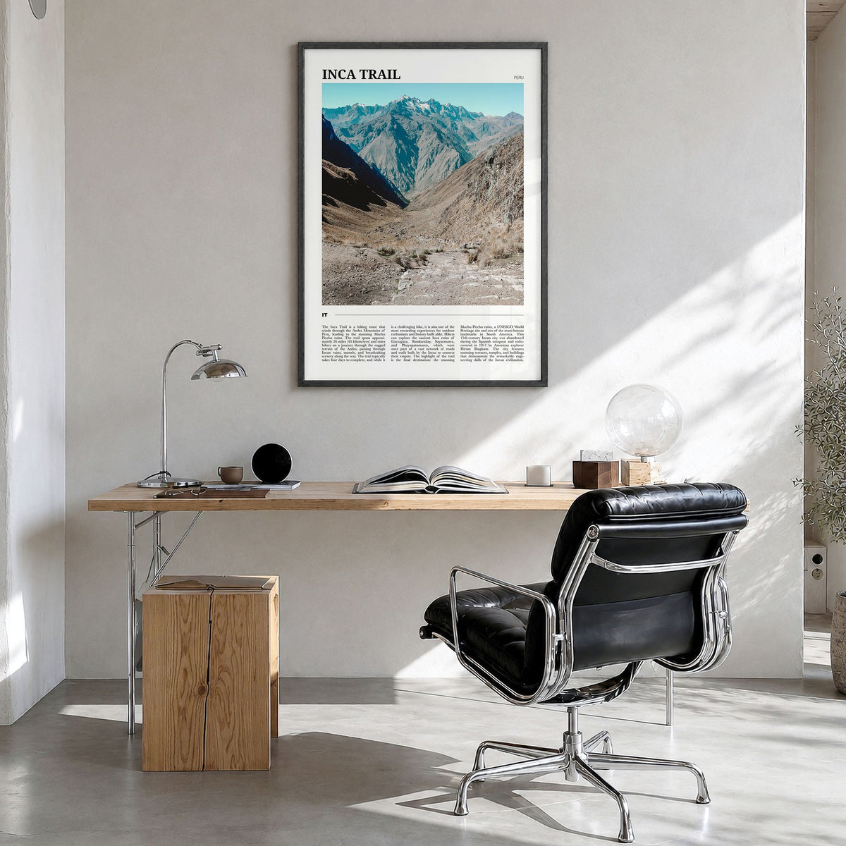 Inca Trail Travel Poster in a black wood frame, hanging in a bright home office