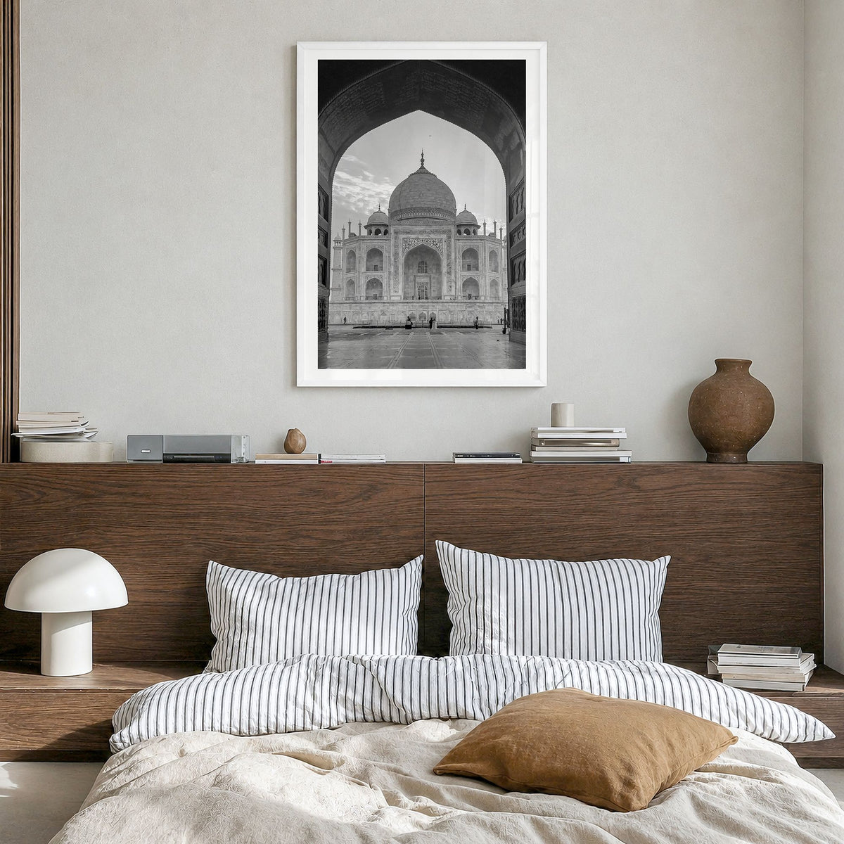 India Photo Poster in a white wood frame, hanging in a bedroom, white border
