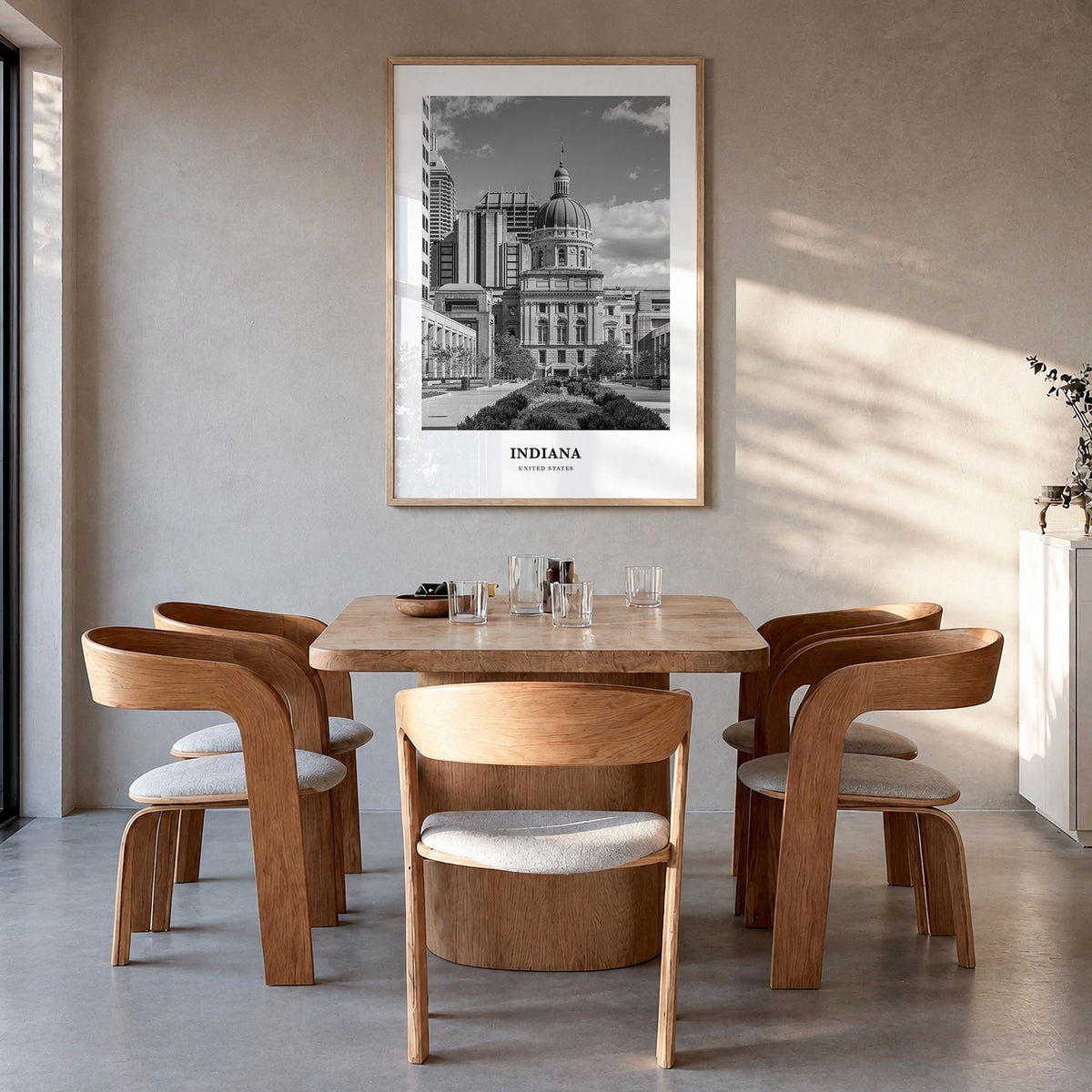 Indiana black & white classic poster of United States – vertical wall art in natural wood frame, hanging on wall