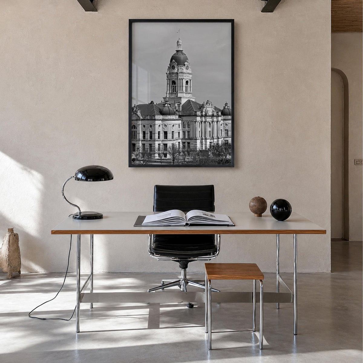 Indiana black & white photo poster of United States – vertical wall art in black wood frame, hanging on wall