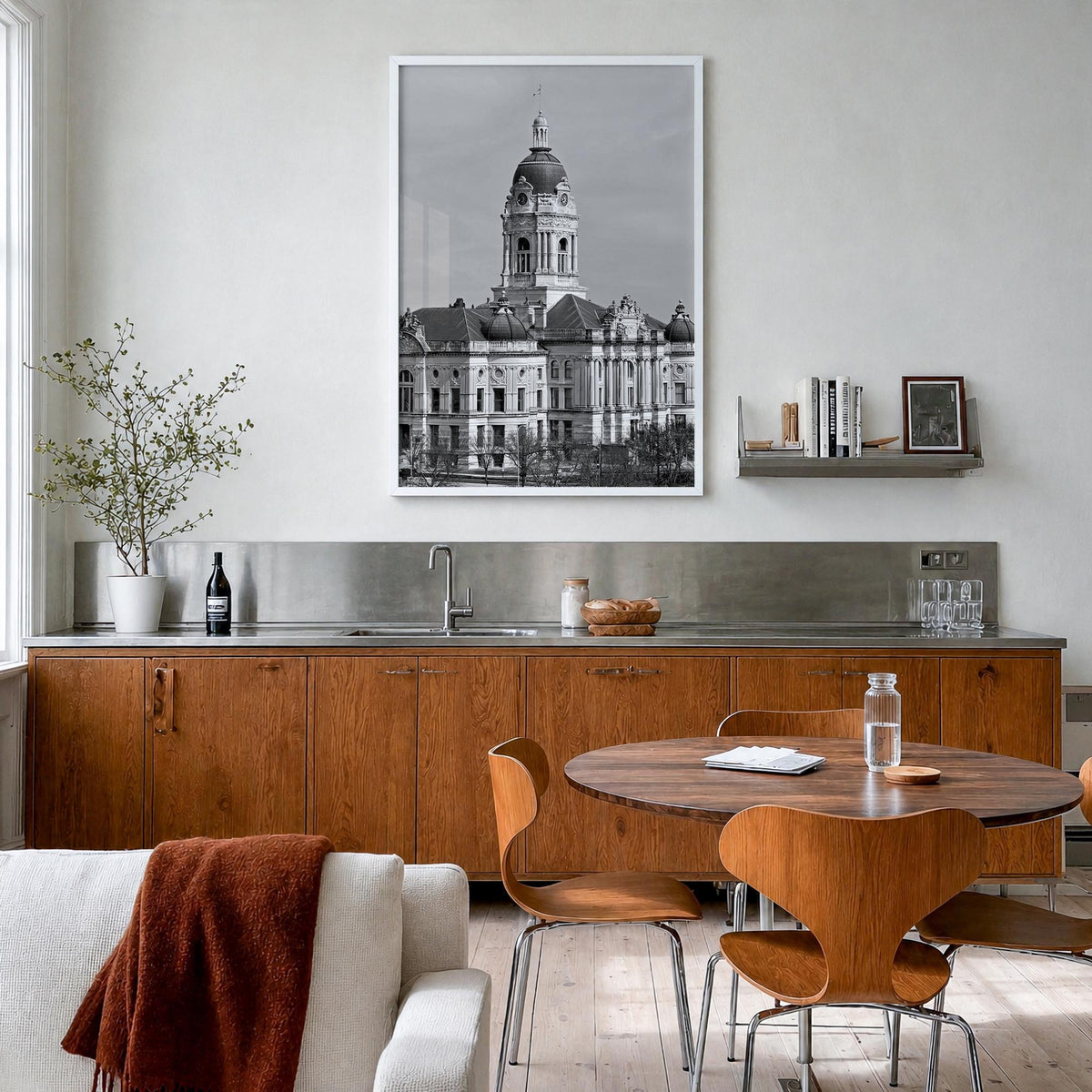 Indiana black & white photo poster of United States – vertical wall art in white wood frame, hanging on wall