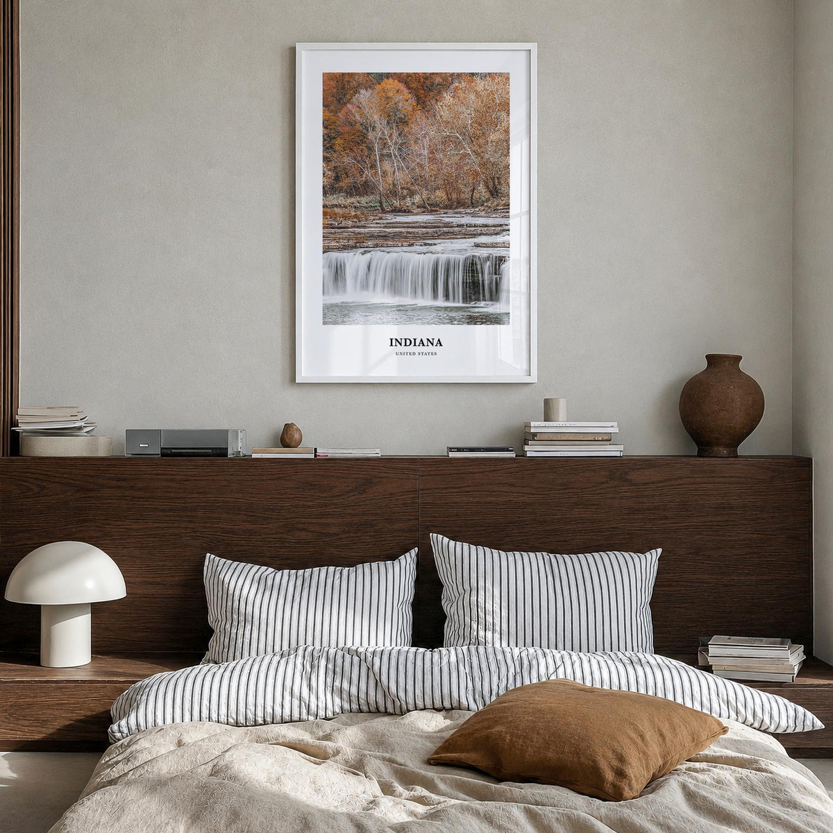 Indiana colorful classic poster of United States – vertical wall art in white wood frame, hanging on wall