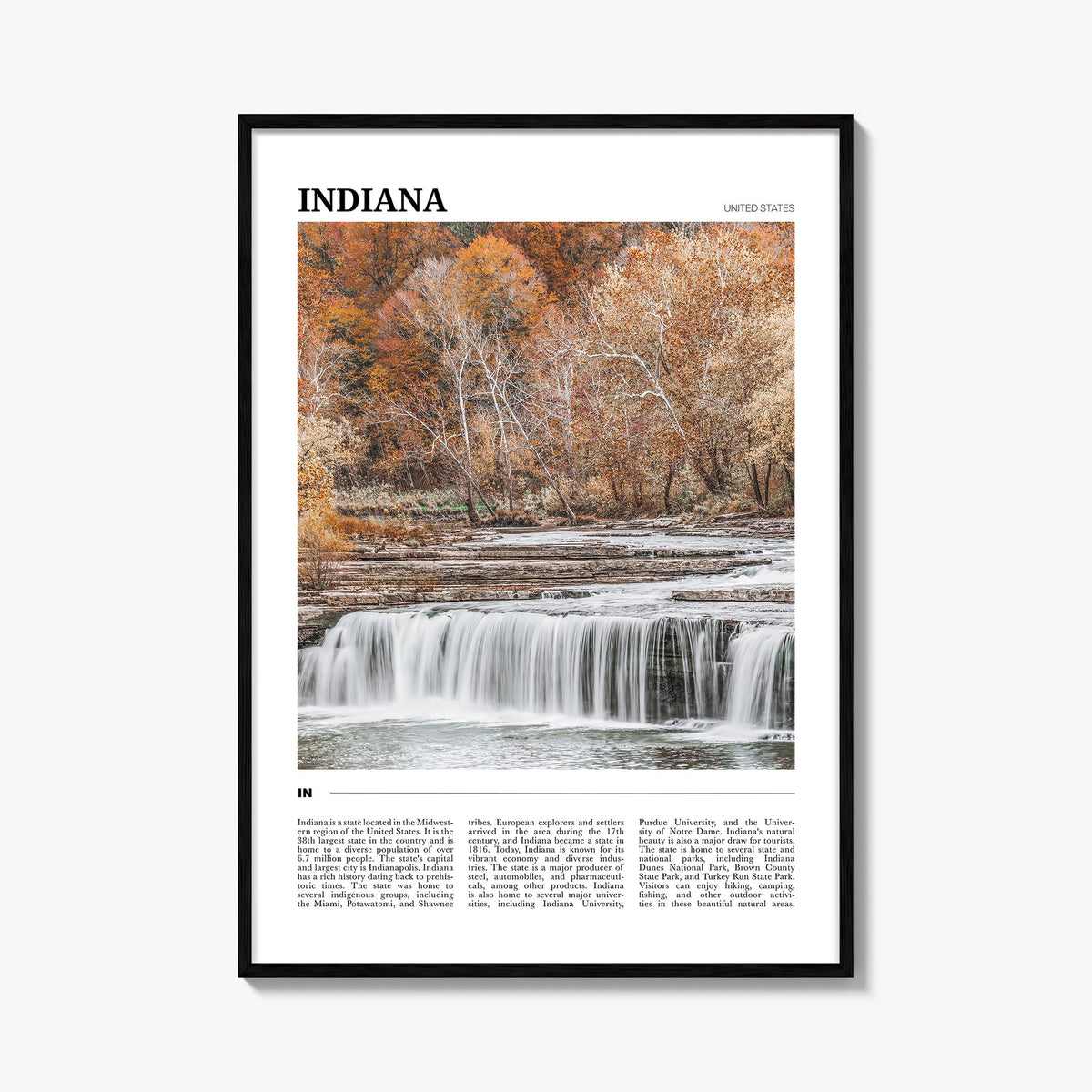 Indiana colorful travel poster of United States – vertical wall art, unframed print shown in interior mockup
