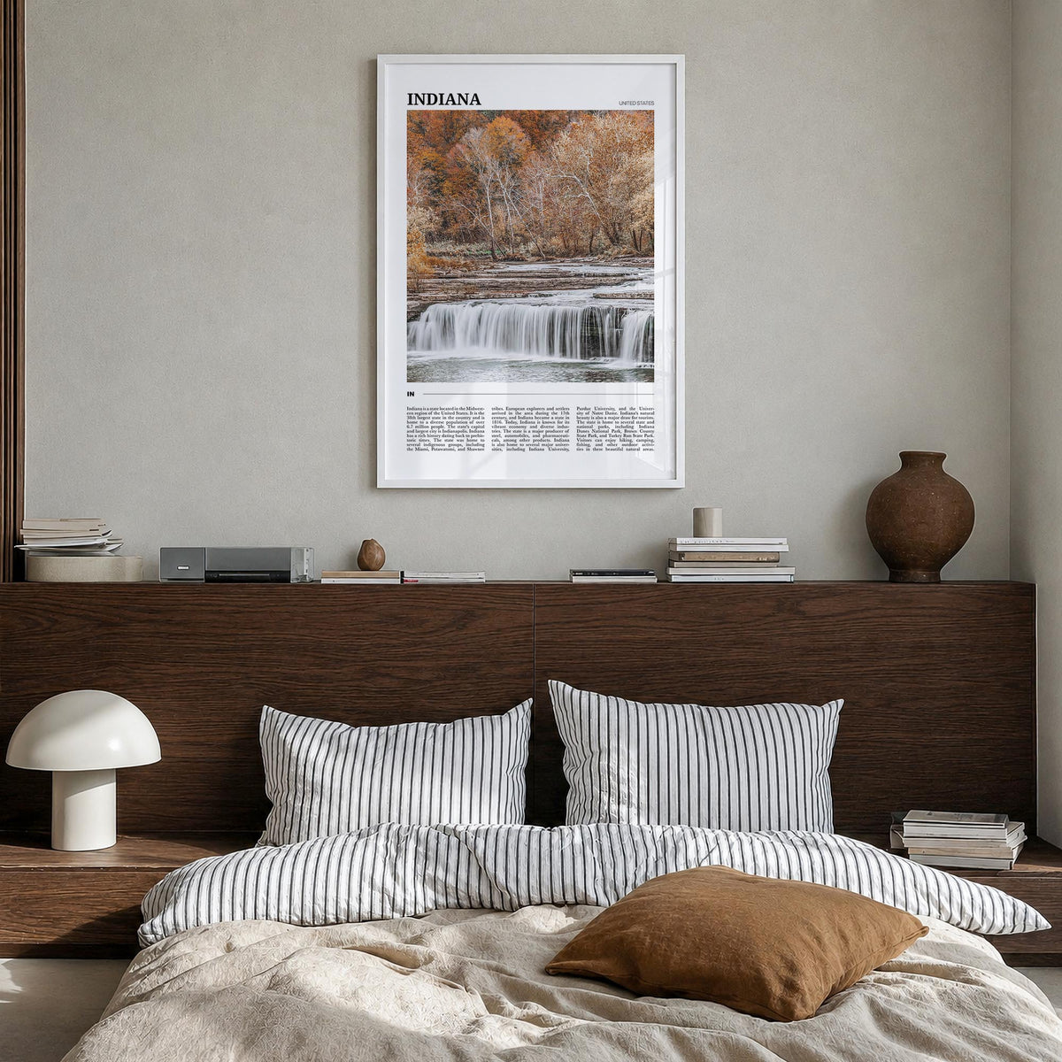 Indiana colorful travel poster of United States – vertical wall art in white wood frame, hanging on wall