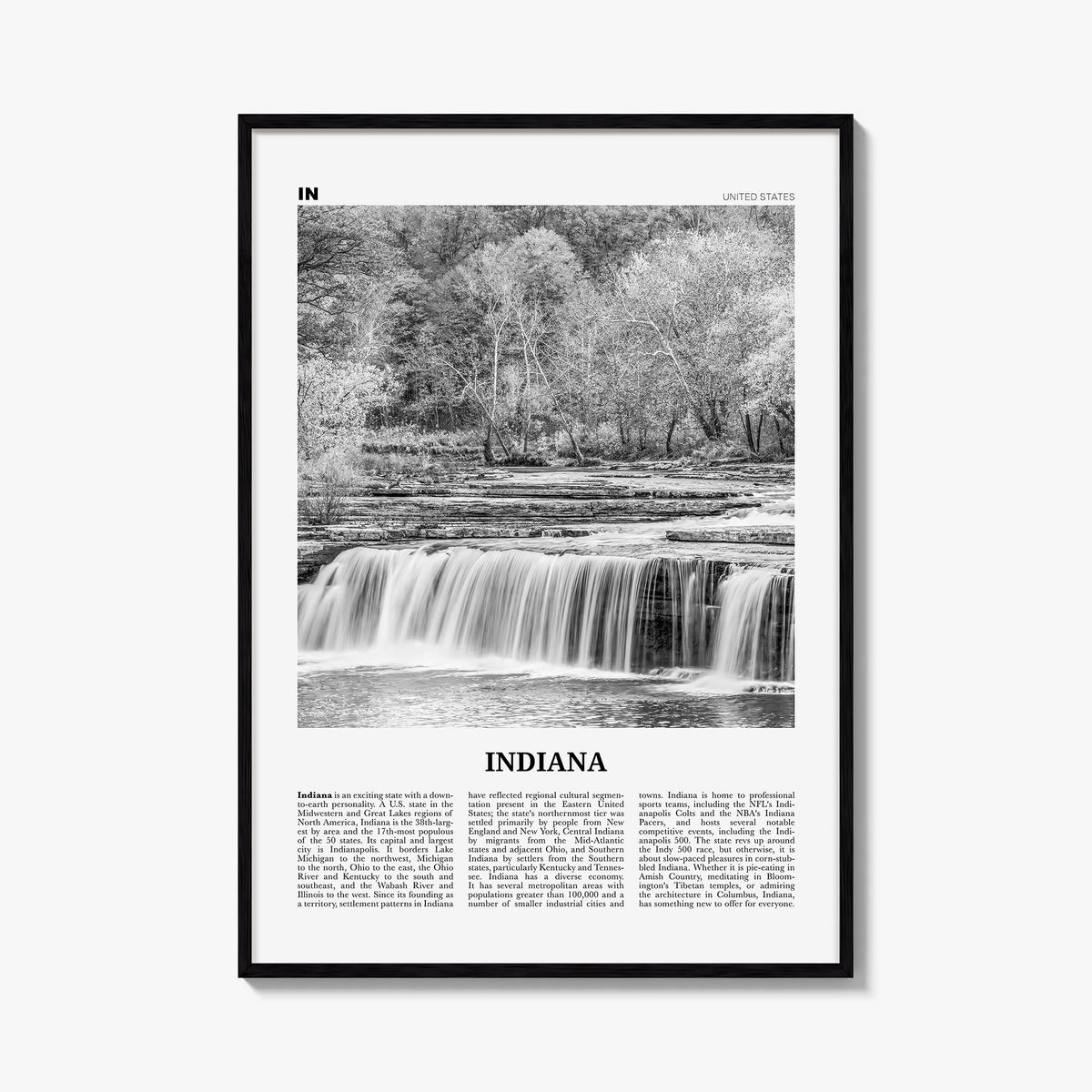 Indiana no. 1 black & white newspaper poster of United States – vertical wall art, unframed print shown in interior mockup