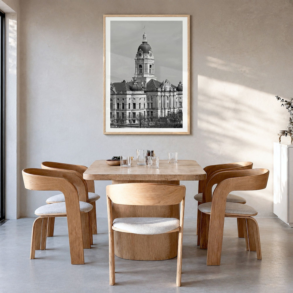 Indiana Photo Poster in a natural wood frame, hanging in a dining room, white border