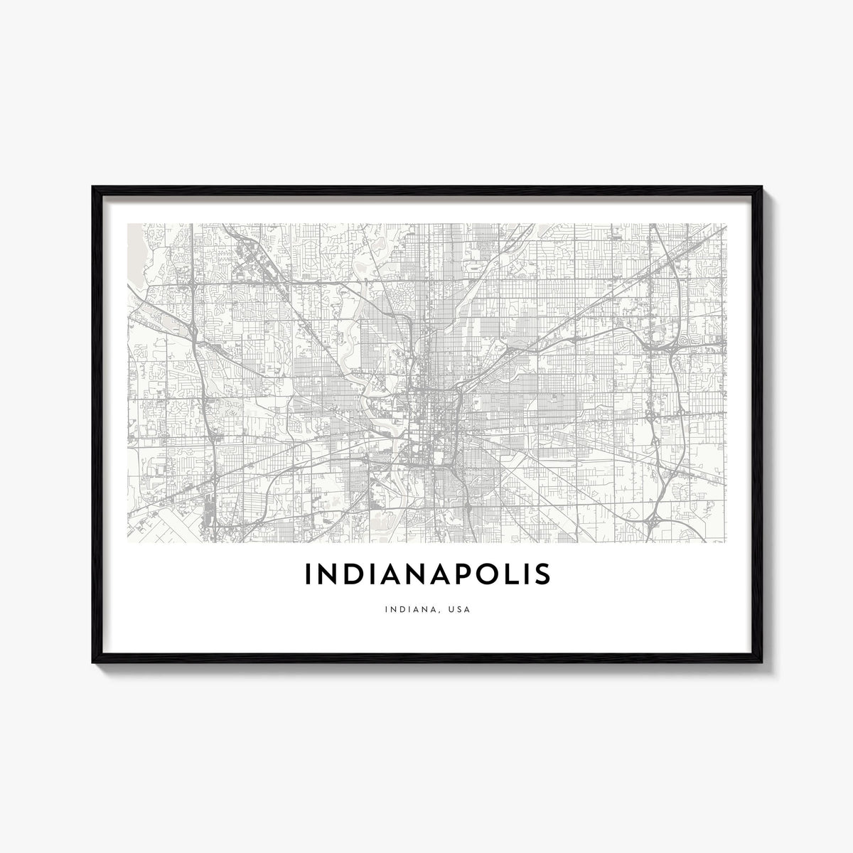 Indianapolis black & white map poster of Indiana, USA – horizontal wall art, unframed print shown in interior mockup