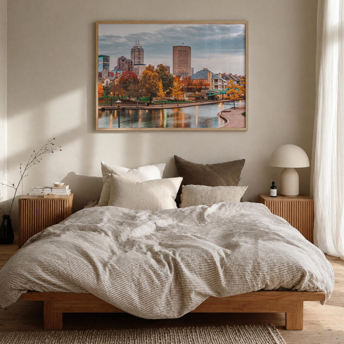 Indianapolis colorful photo poster of Indiana, USA – horizontal wall art in natural wood frame, hanging on wall