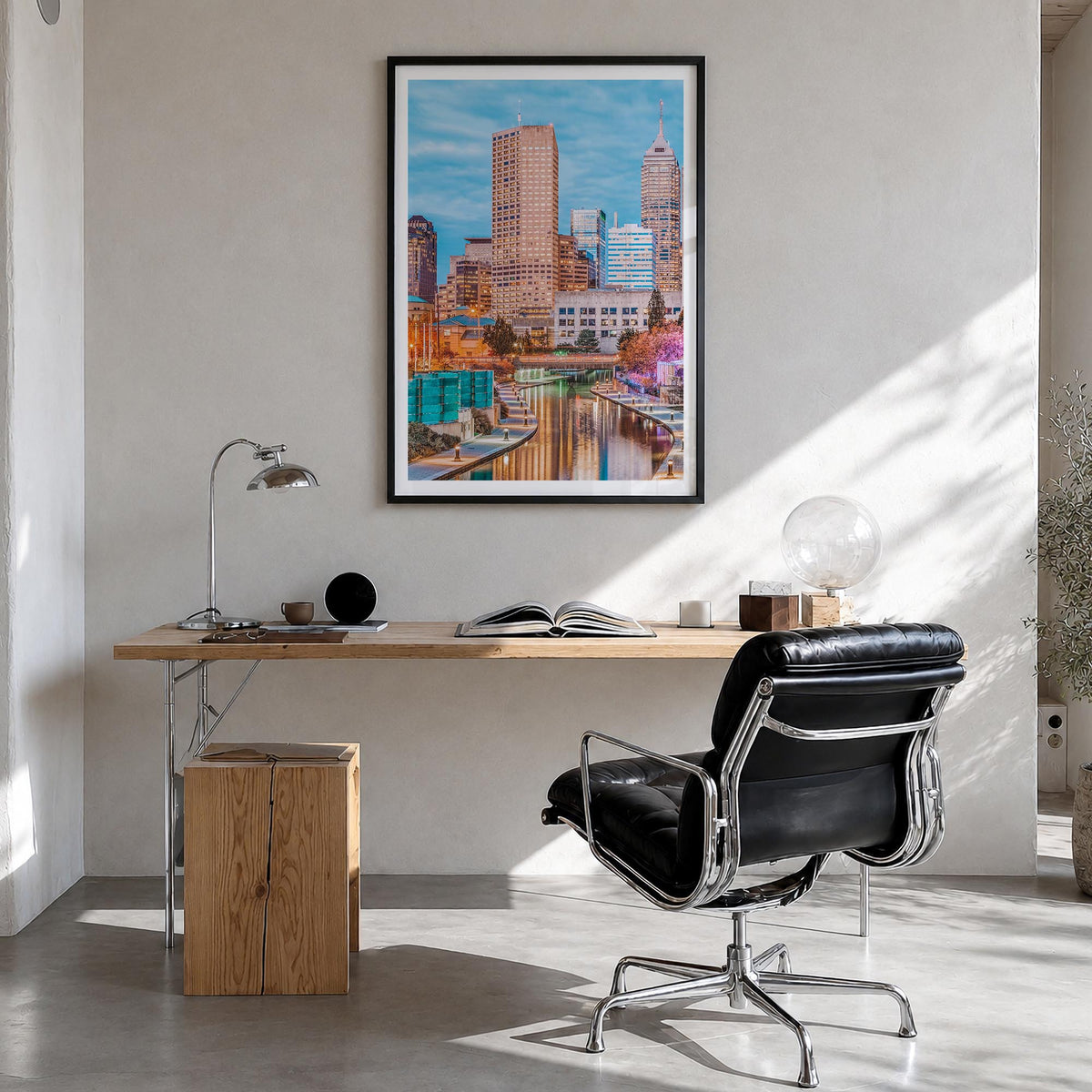 Indianapolis no. 1 colorful photo poster of Indiana, USA – vertical wall art in black wood frame with white border, hanging o