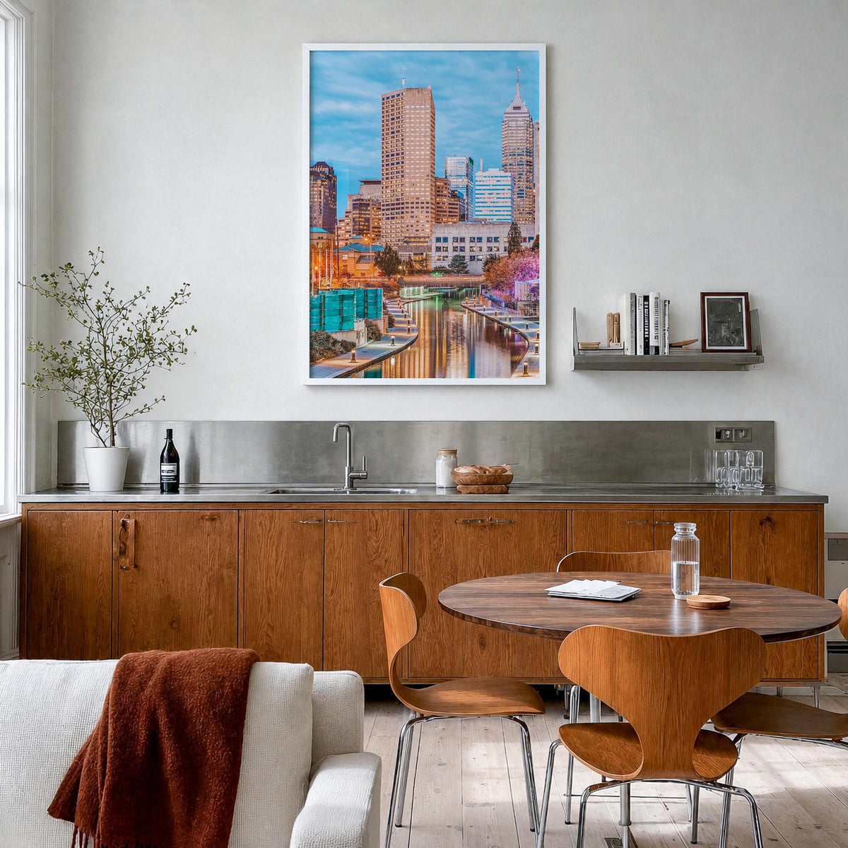 Indianapolis no. 1 colorful photo poster of Indiana, USA – vertical wall art in white wood frame, hanging on wall