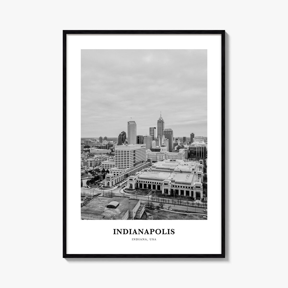 Indianapolis no. 2 black & white classic poster of Indiana, USA – vertical wall art, unframed print shown in interior mockup
