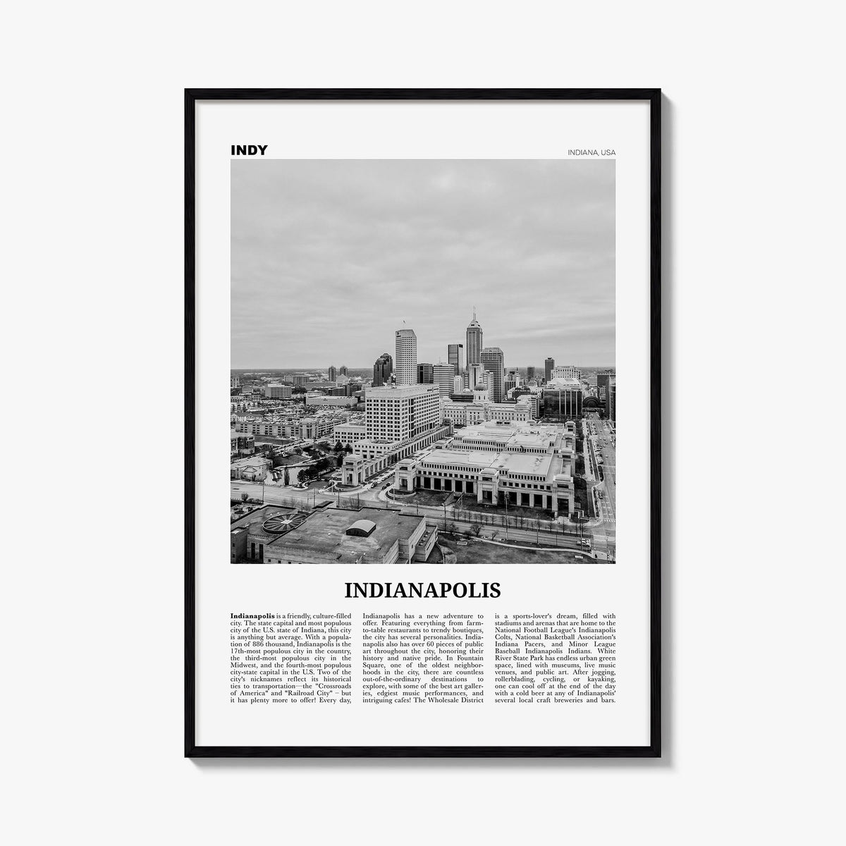 Indianapolis no. 2 black & white newspaper poster of Indiana, USA – vertical wall art, unframed print shown in interior mocku